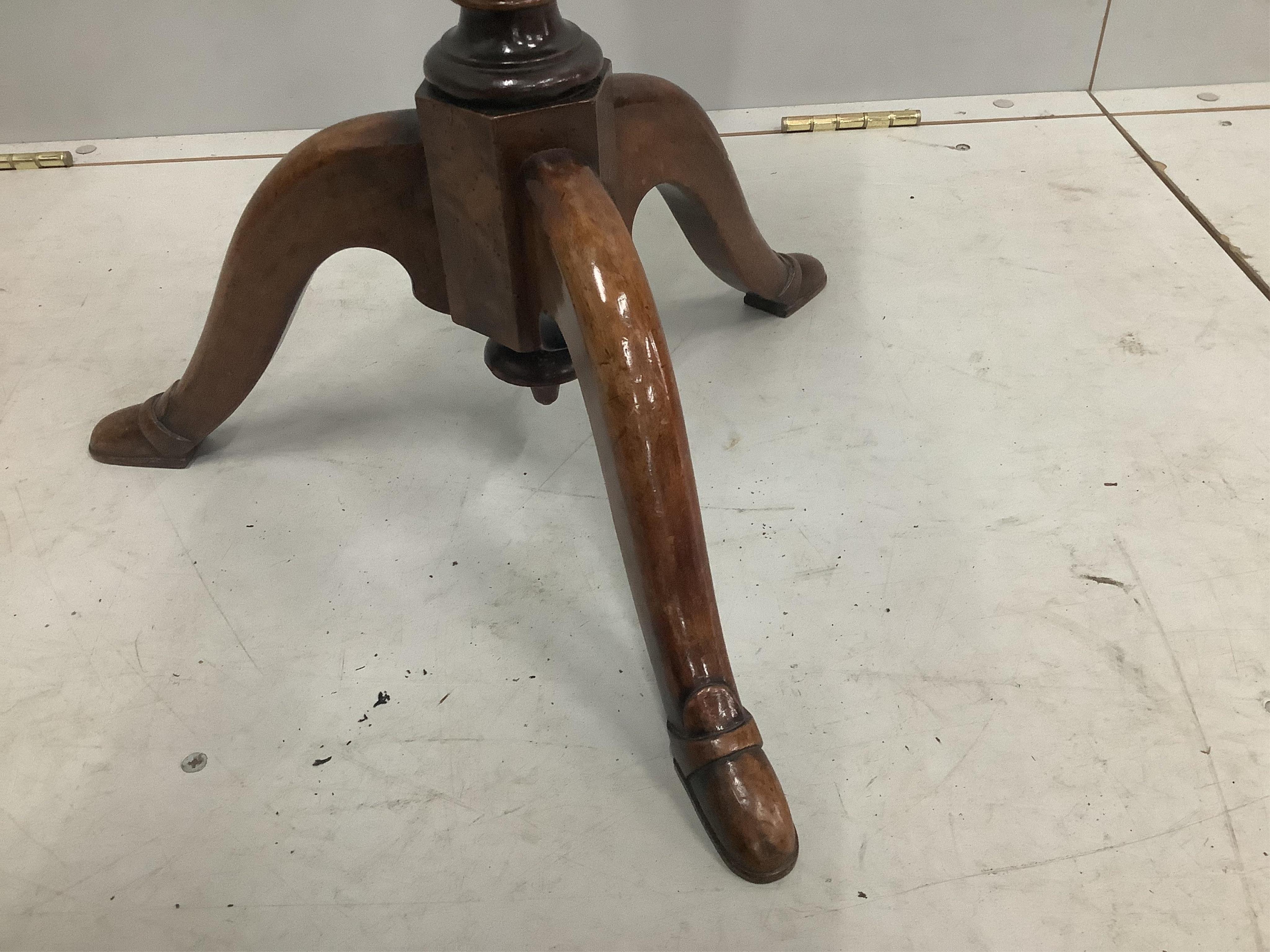 A rare early 18th century maple and burr maple veneered torchere stand, the tripod base with unusual shoe shaped feet, height 80cm. Condition - fair to good